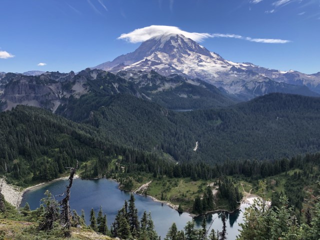 lenticular cloud caps Mt Rainier as seen from Tolmie Peak Fire Lookout. Mount Rainier National Park, WA