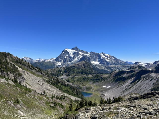 Glaciated Mount Shuksan from an alpine perspective on Chain Lake trail. Glacier, WA