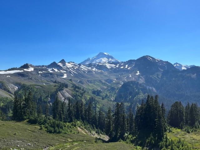 Mt Baker peaking out behind a valley. Glacier, WA